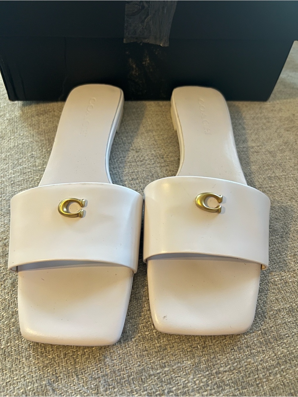 Coach White Leather Slide Sandals with Gold C Accent